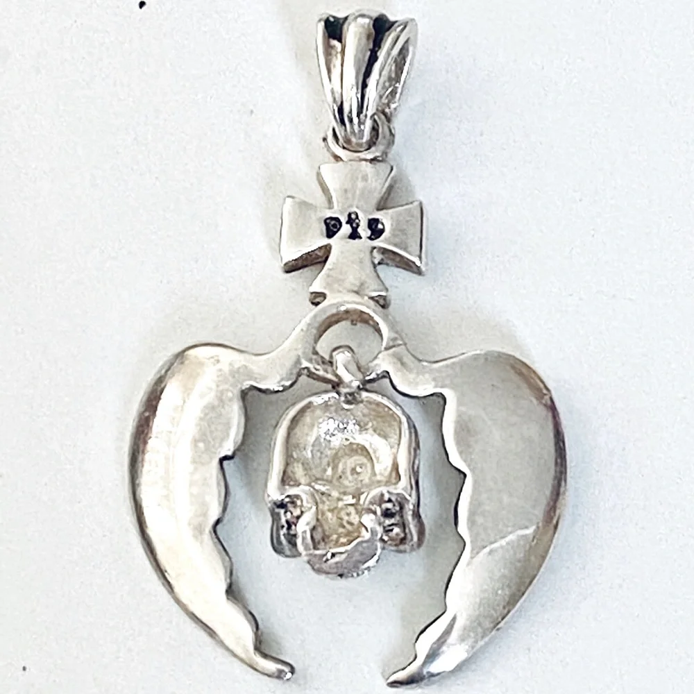 925 Silver skull angel wings pendant iron cross